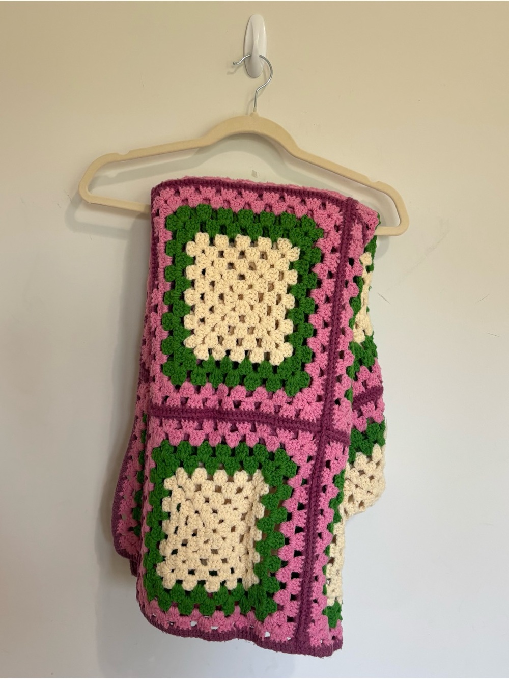 Afghan Blanket Handmade Crochet Granny Square Throw Pink  Green  40x75 V1